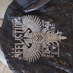 Affliction leather live fast jacket with logo on the back